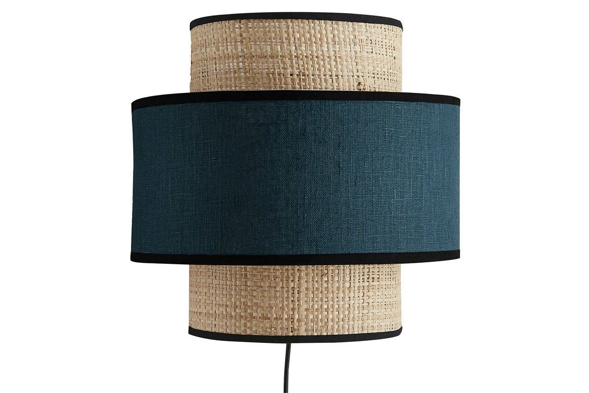 Applique murale bi-mati�re en rabane et lin bleu canard H24 cm LITCHI