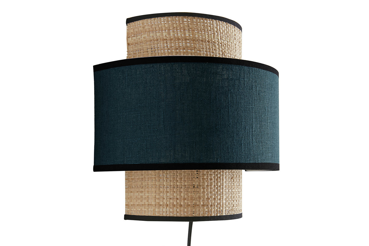 Applique murale bi-mati�re en rabane et lin bleu canard H24 cm LITCHI