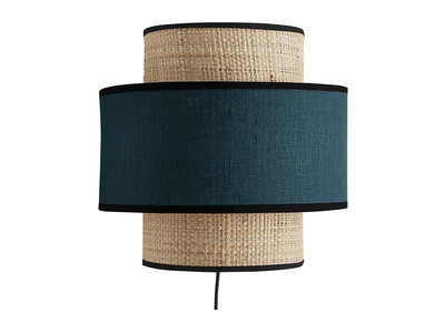 Applique murale bi-mati&egrave;re en rabane et lin bleu canard H24 cm LITCHI