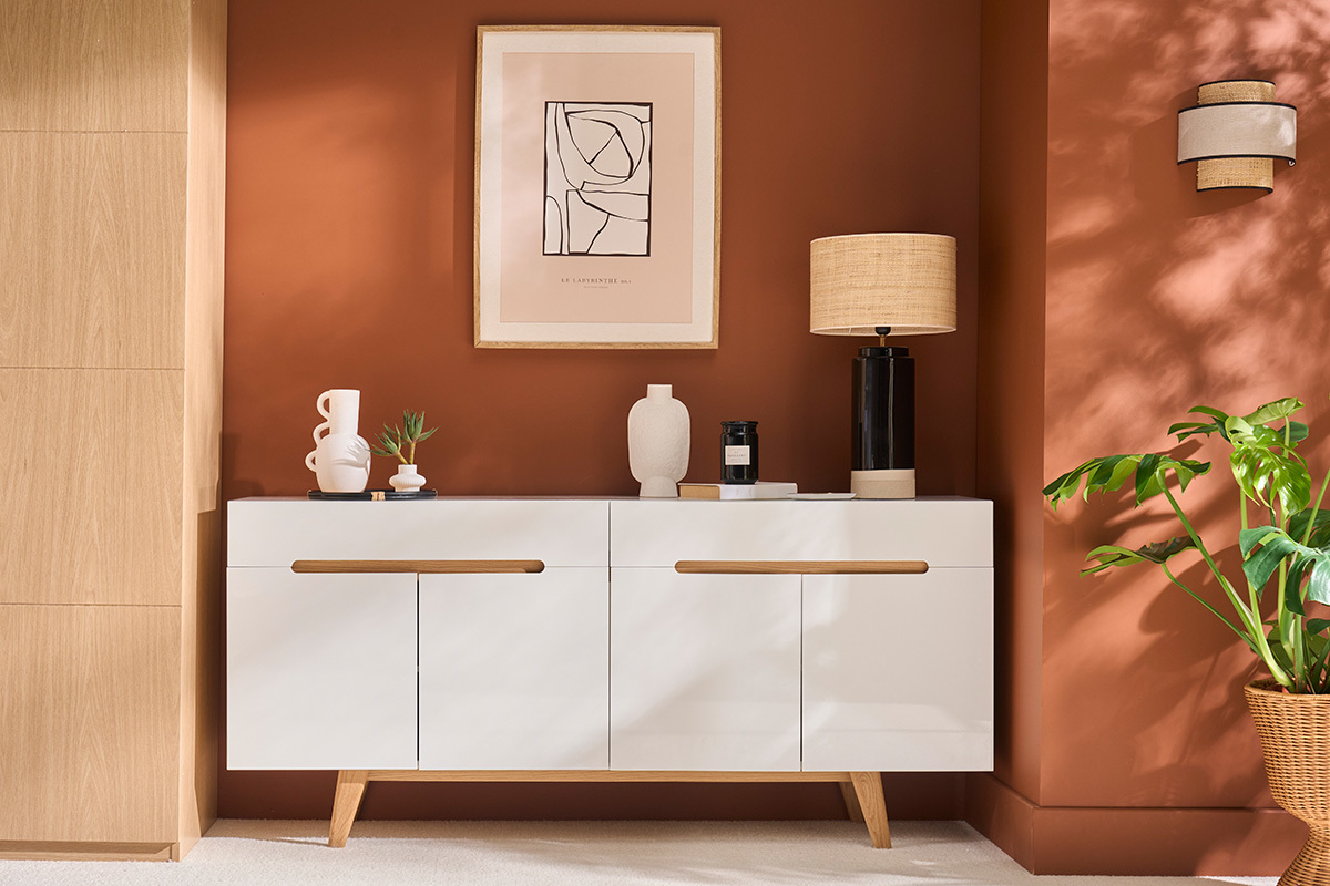 Applique murale bi-mati�re en rabane et lin H24 cm LITCHI