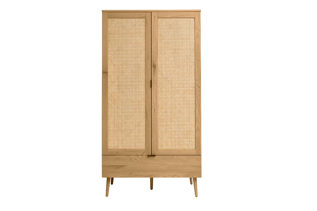 Armoire finition bois clair, cannage en rotin et m�tal noir L100 cm MANILLE
