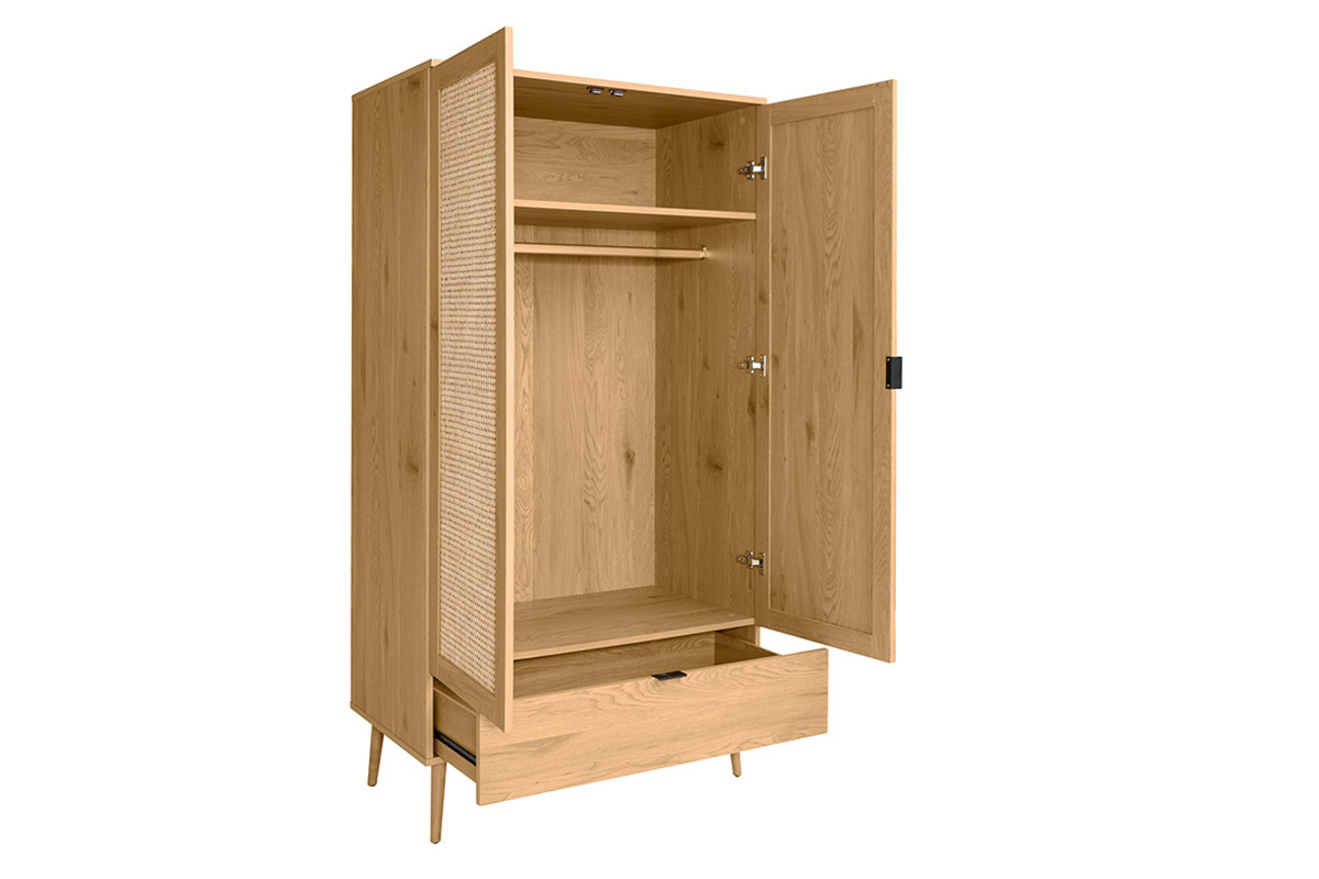 Armoire finition bois clair, cannage en rotin et m�tal noir L100 cm MANILLE