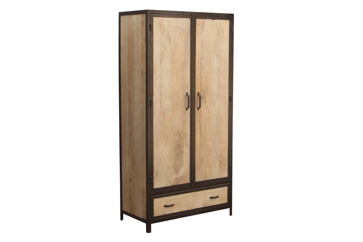 Armoire industrielle en bois massif manguier et m�tal noir L90 cm INDUSTRIA