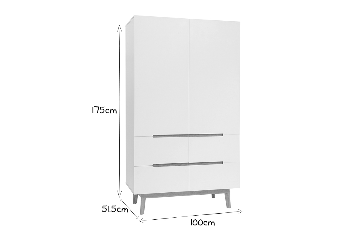 Armoire scandinave avec dimensions L100xP51.5xH175 cm, vue de 3/4, en noir et blanc.