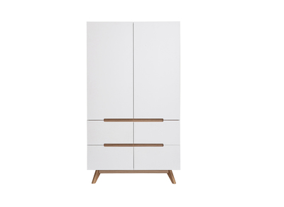 Armoire scandinave avec penderie et tiroirs finition blanc mat et bois ch&ecirc;ne clair L100 cm KELMA