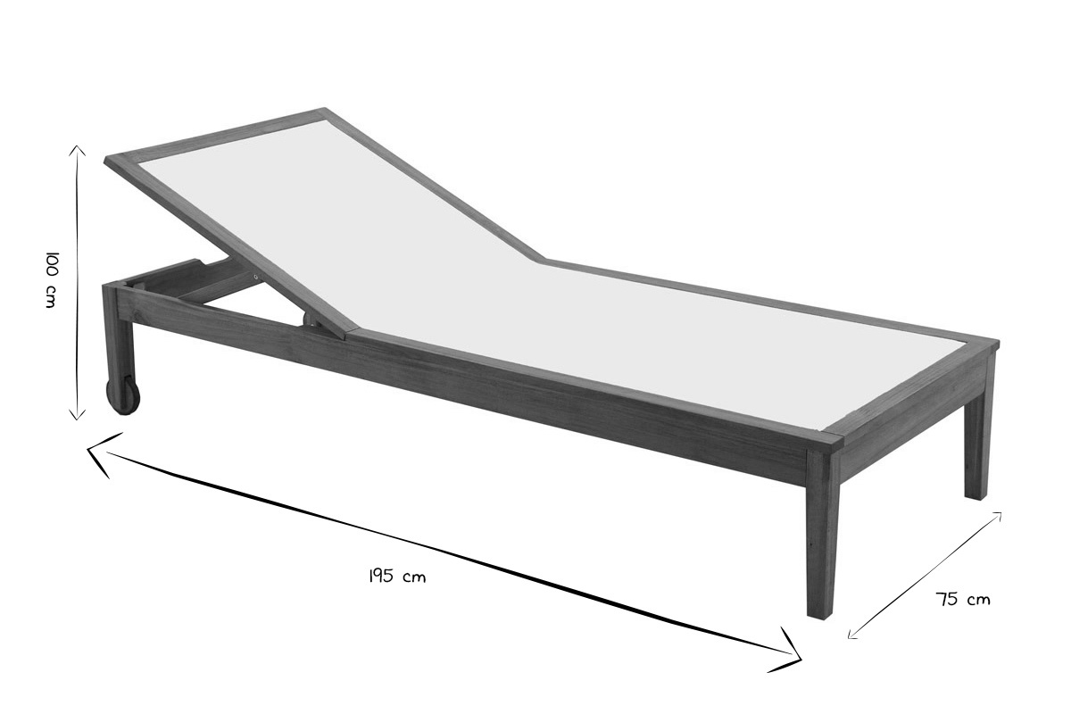 Dimensions du bain de soleil NAVEEN en noir et blanc : 195 x 75 x 100 cm.