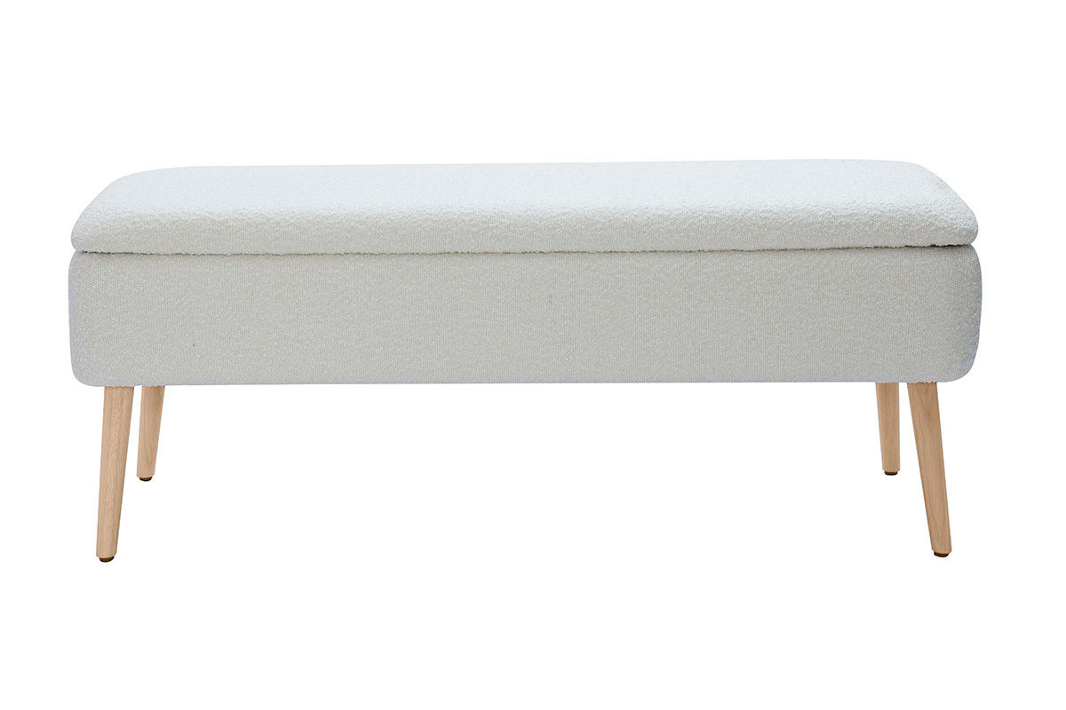 Banc coffre effet laine boucl�e blanc et bois clair massif L120 cm LARS