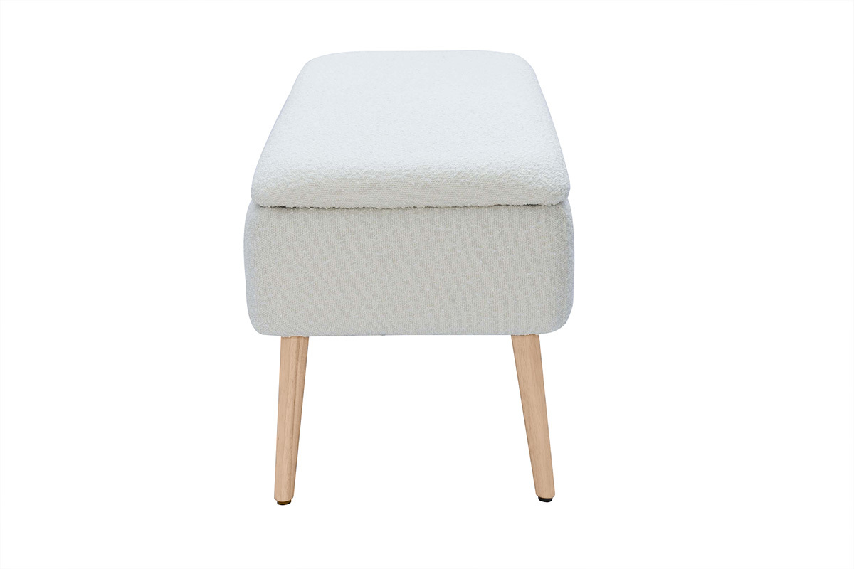 Banc coffre effet laine boucl�e blanc et bois clair massif L120 cm LARS
