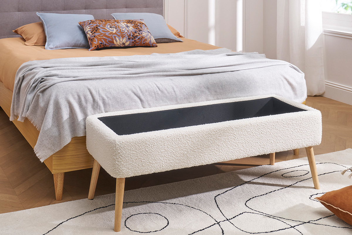 Banc coffre effet laine boucl�e blanc et bois clair massif L120 cm LARS