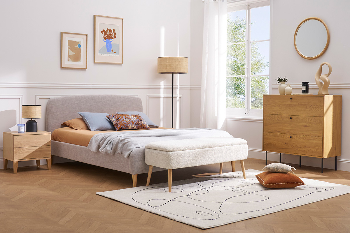Banc coffre effet laine boucl�e blanc et bois clair massif L120 cm LARS
