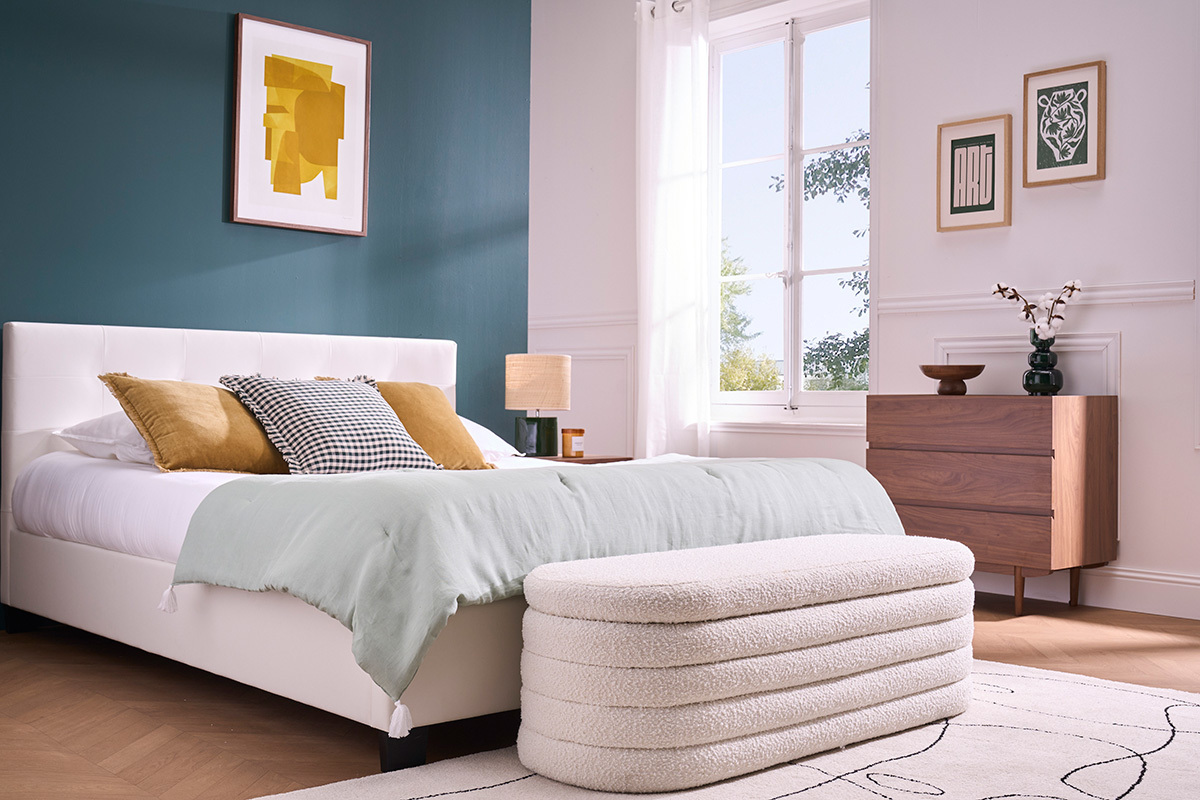 Banc coffre en tissu effet laine boucl�e blanc L125 cm NAVY