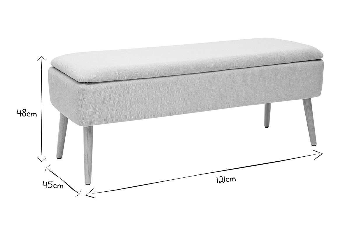 Banc coffre en tissu effet velours textur� beige et bois clair massif L120 cm LARS