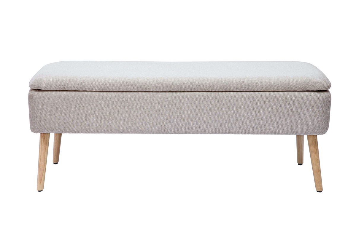 Banc coffre en tissu effet velours textur� beige et bois clair massif L120 cm LARS