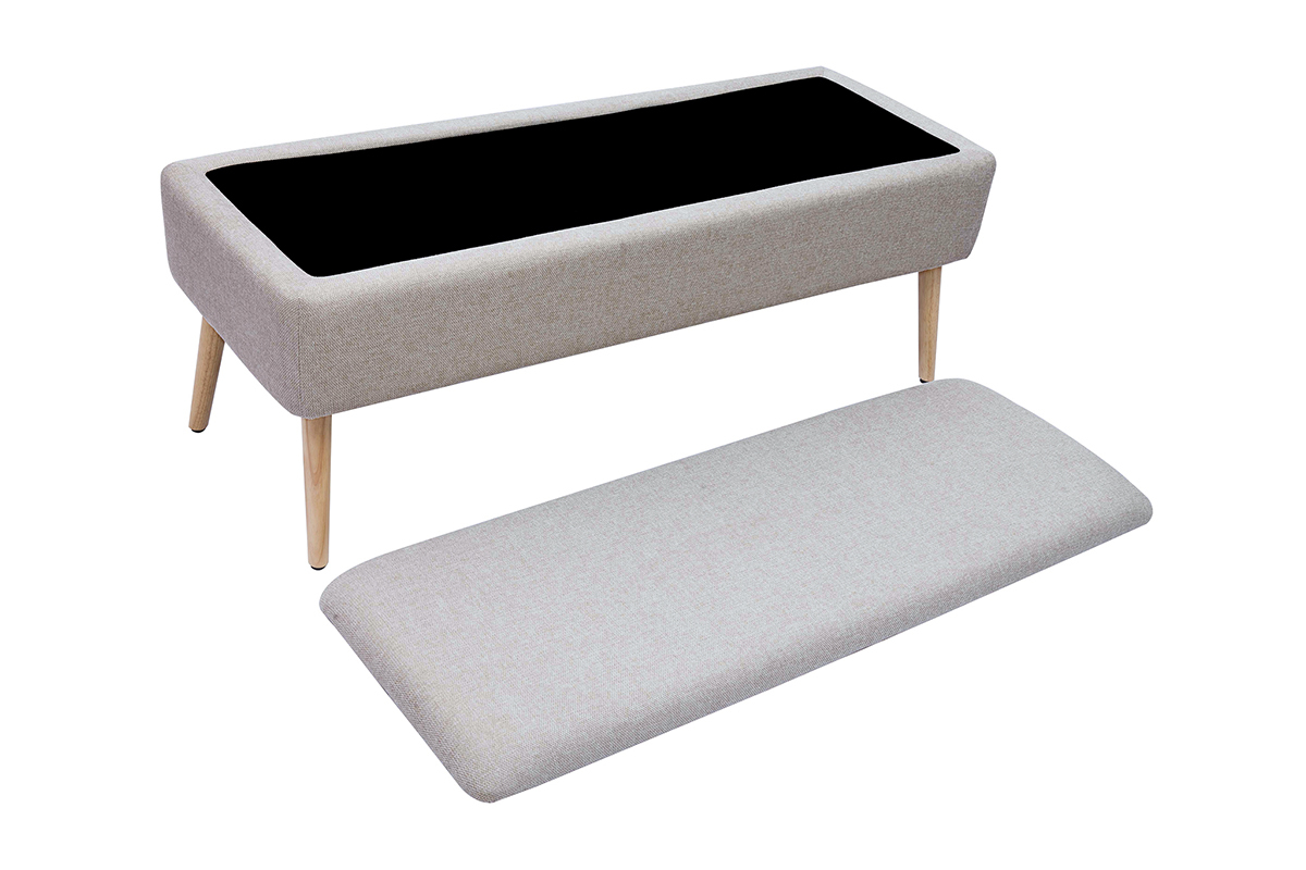 Banc coffre en tissu effet velours textur� beige et bois clair massif L120 cm LARS