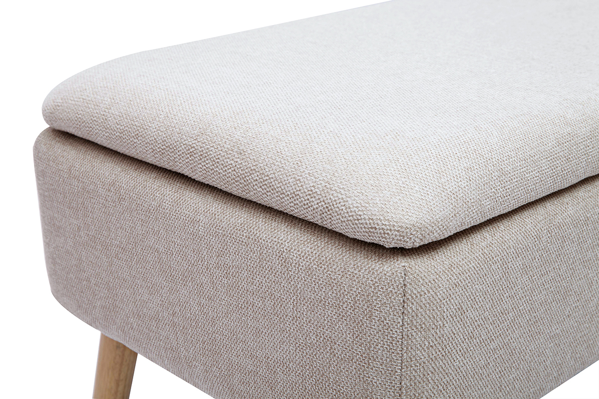 Banc coffre en tissu effet velours textur� beige et bois clair massif L120 cm LARS