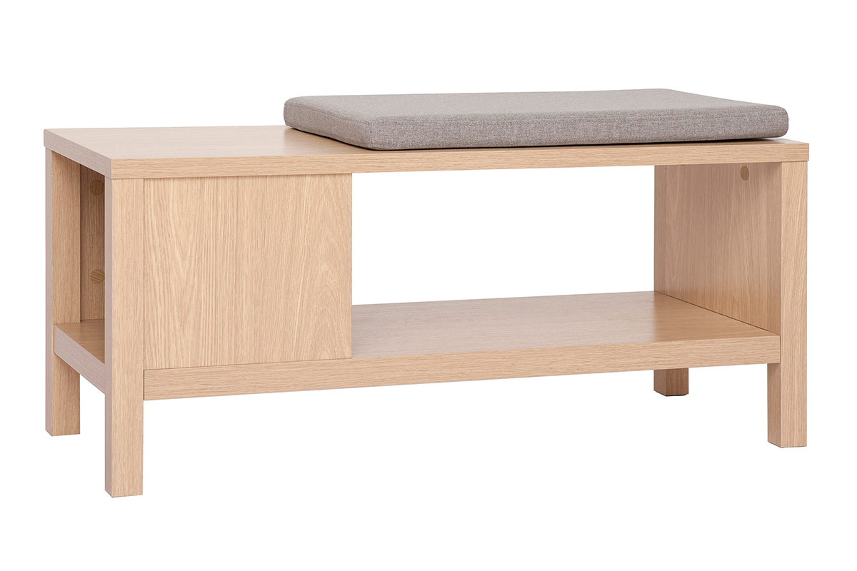Banc d'entr�e avec rangement finition bois clair ch�ne avec coussin banquette gr�ge L100 cm GUMBY