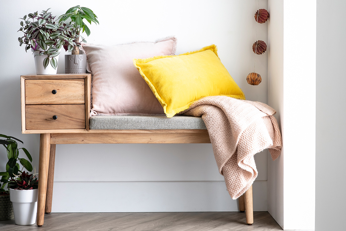 Banc d'entr�e avec rangements 2 tiroirs en bois clair massif L110 cm ALTY