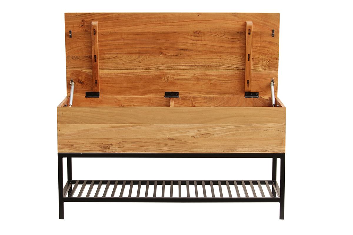 Banc d'entr�e industriel avec coffre de rangement en bois massif et m�tal noir L100 cm SORG