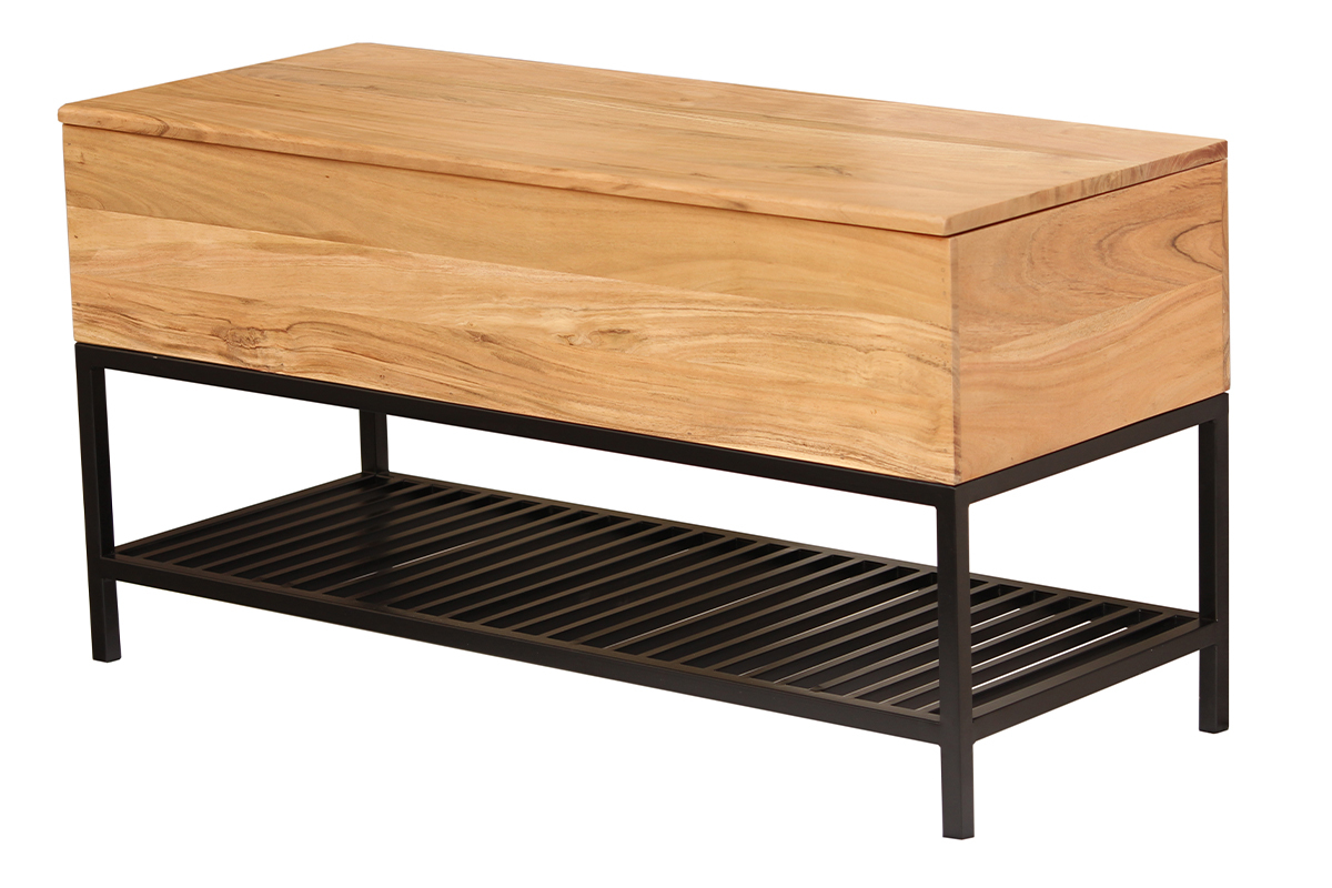Banc d'entr�e industriel avec coffre de rangement en bois massif et m�tal noir L100 cm SORG
