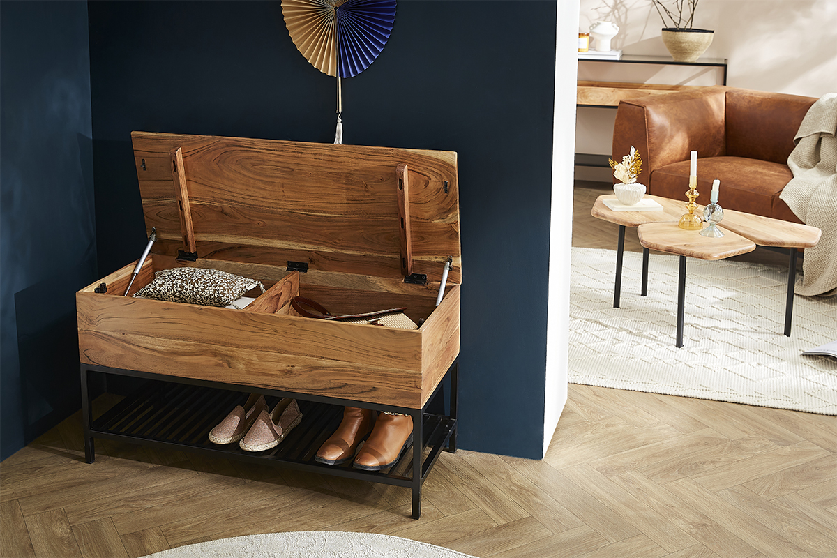 Banc d'entr�e industriel avec coffre de rangement en bois massif et m�tal noir L100 cm SORG