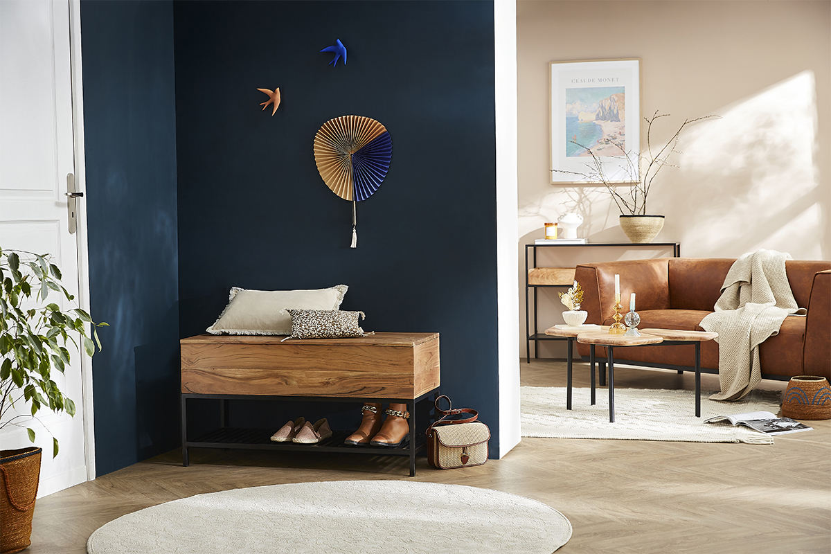 Banc d'entr�e industriel avec coffre de rangement en bois massif et m�tal noir L100 cm SORG