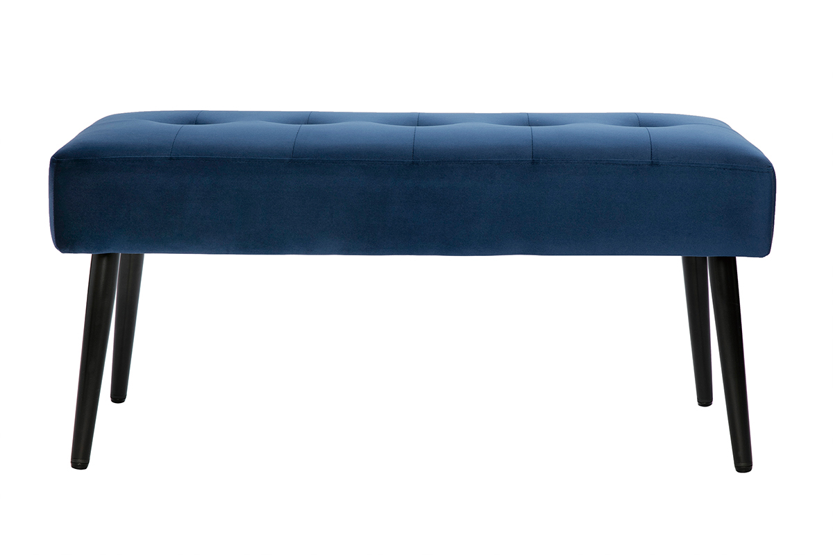 Banc design capitonn� en tissu velours bleu nuit et m�tal noir L96 cm GUESTA