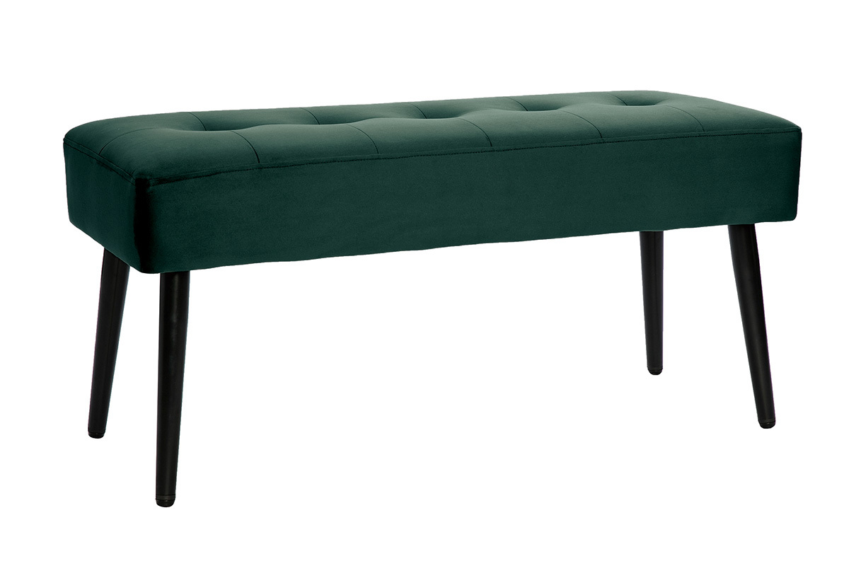 Banc capitonn� en velours vert fonc� avec pieds en m�tal noir, vue de 3/4.
