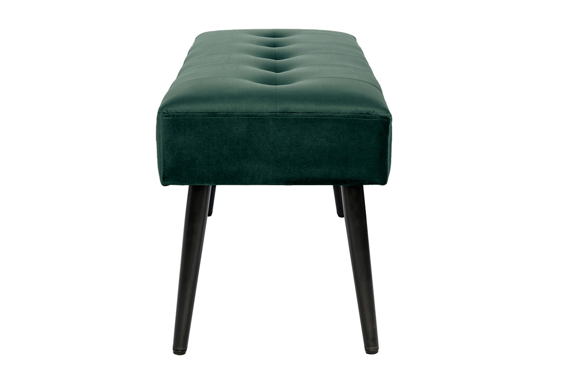 Banc en velours vert fonc� avec pieds en m�tal noir, vue de profil.