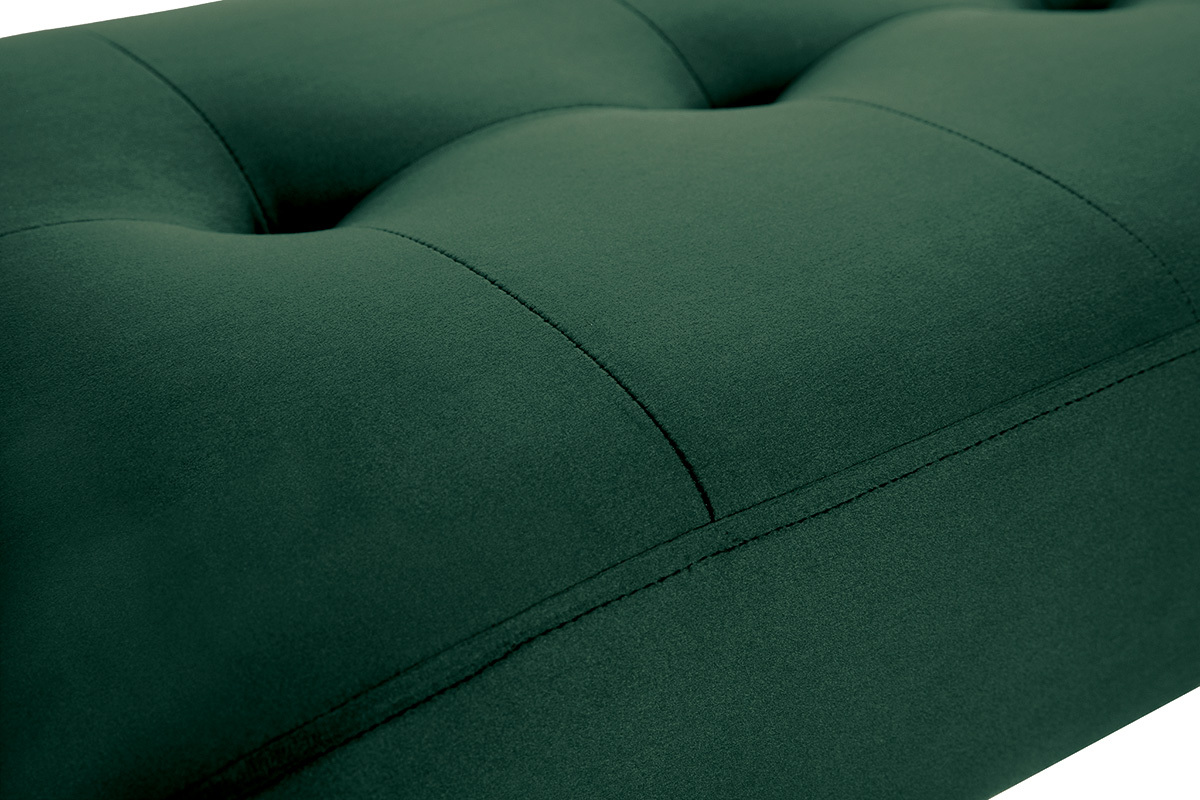 Gros plan sur le tissu velours vert fonc� capitonn� du banc design GUESTA.