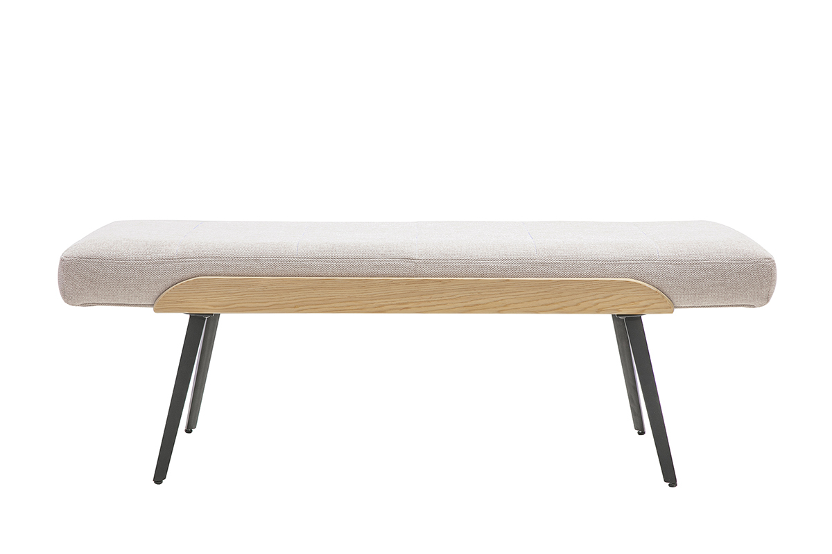 Banc en tissu beige effet velours, bois clair et pieds en m�tal noir, vue de face.