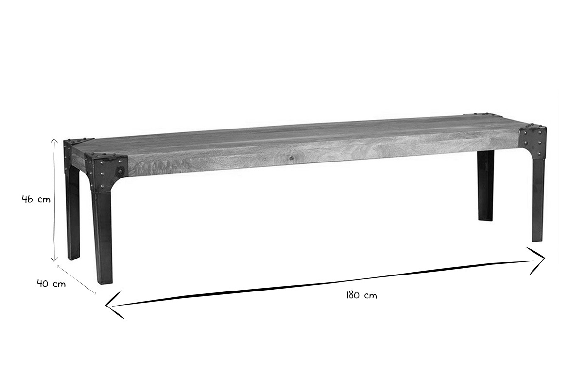Banc industriel en bois manguier massif et m�tal noir L180 cm MADISON