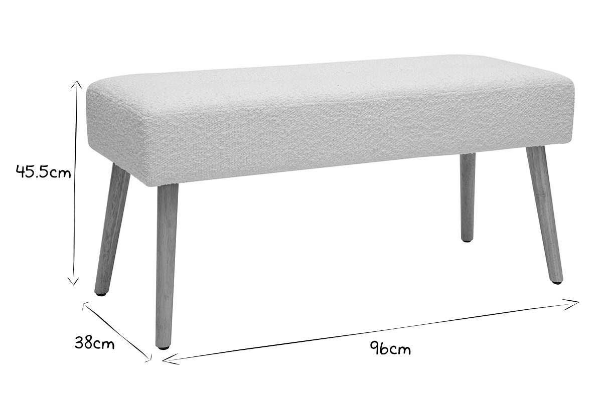 Banc scandinave capitonn� en tissu effet laine boucl�e blanc et bois clair L96 cm GUESTA