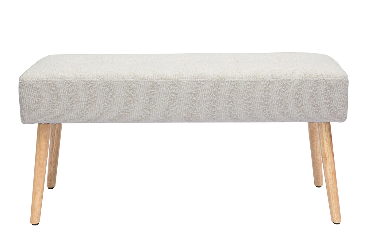 Banc scandinave capitonn� en tissu effet laine boucl�e blanc et bois clair L96 cm GUESTA