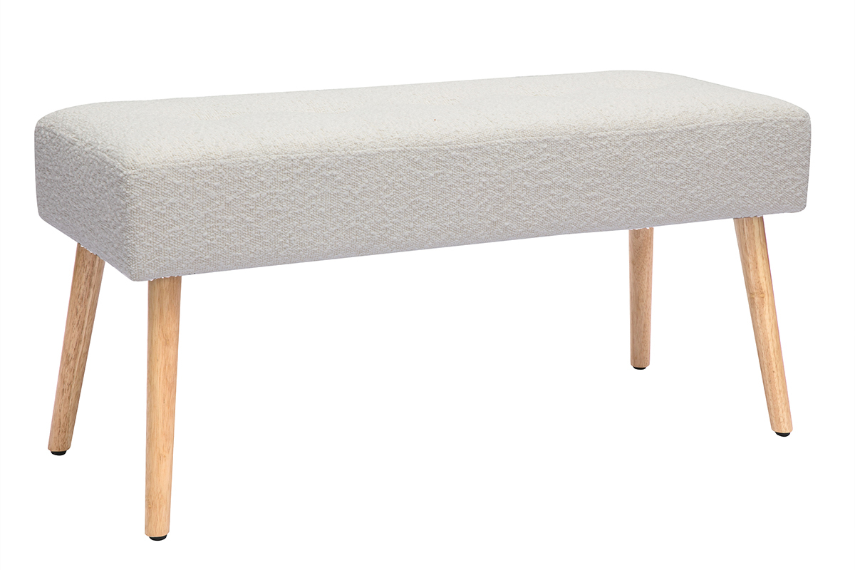 Banc scandinave capitonn� en tissu effet laine boucl�e blanc et bois clair L96 cm GUESTA