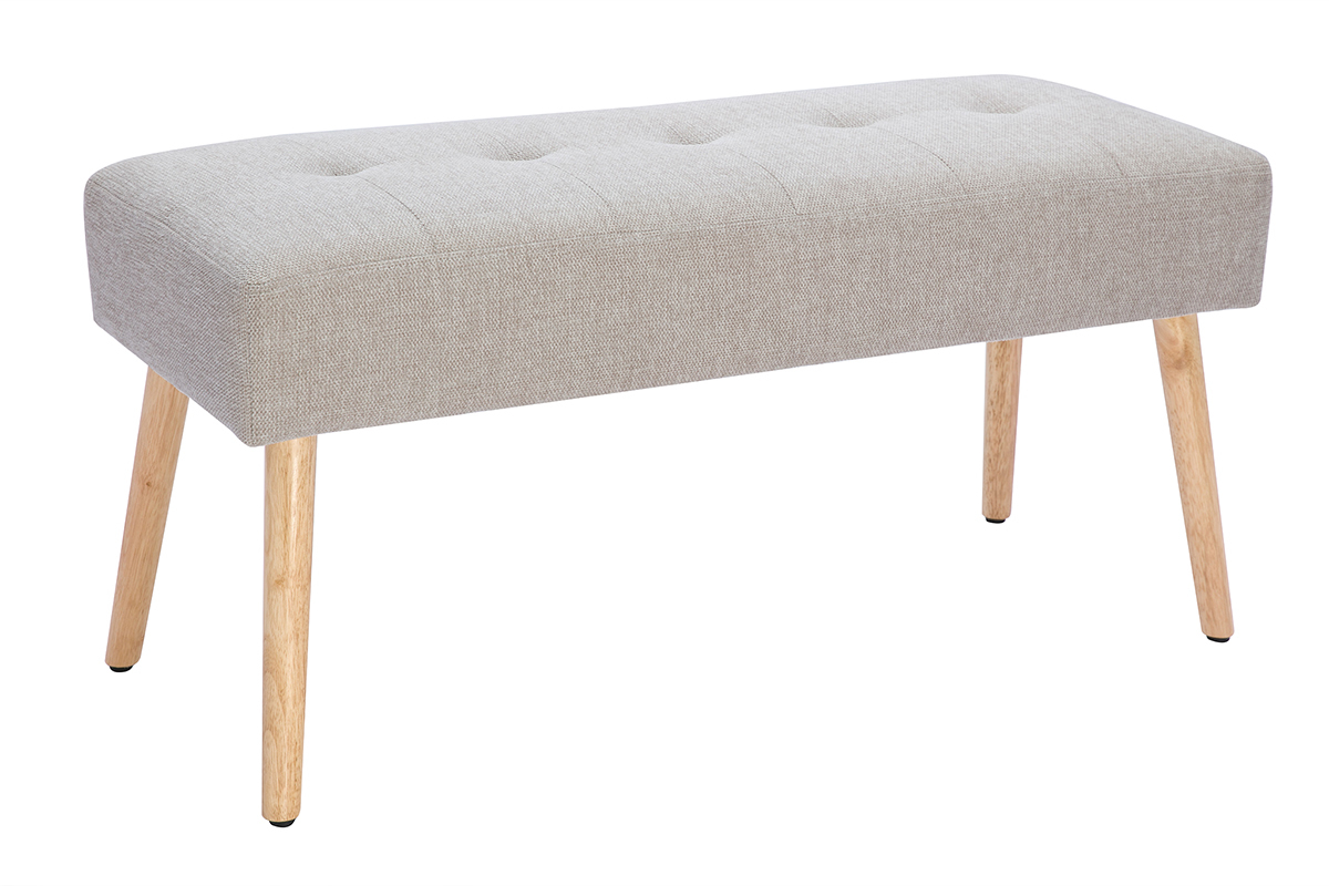 Banc scandinave capitonn� en tissu effet velours textur� beige et bois clair L96 cm GUESTA