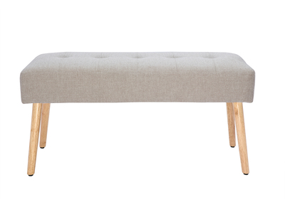 Banc scandinave capitonn&eacute; en tissu effet velours textur&eacute; beige et bois clair L96 cm GUESTA