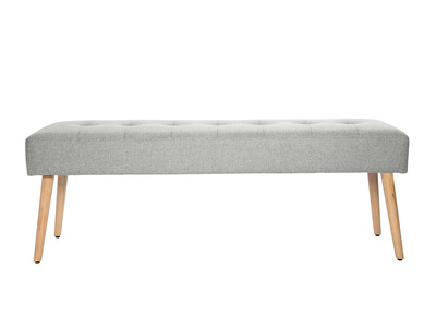 Banc scandinave capitonn&eacute; en tissu effet velours textur&eacute; gris clair et bois clair L130 cm GUESTA