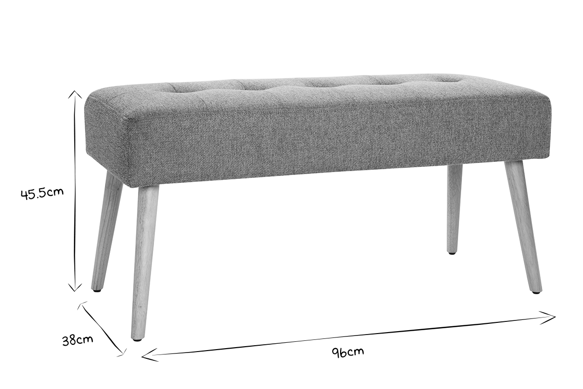 Banc scandinave capitonn� en tissu effet velours textur� gris fonc� et bois clair L96 cm GUESTA