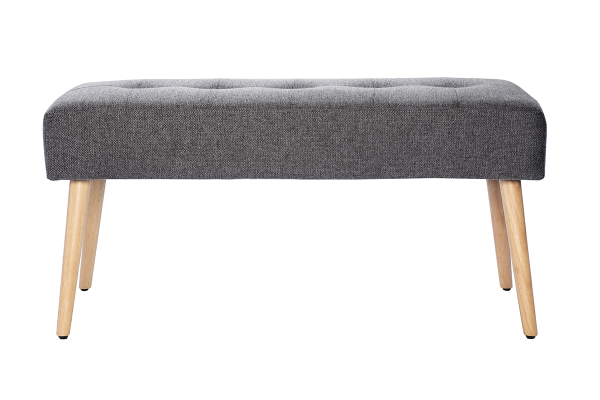 Banc scandinave capitonn� en tissu effet velours textur� gris fonc� et bois clair L96 cm GUESTA