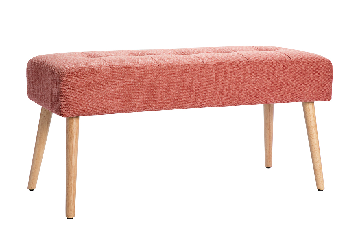 Banc scandinave capitonn� en tissu effet velours textur� terracotta et bois clair L96 cm GUESTA