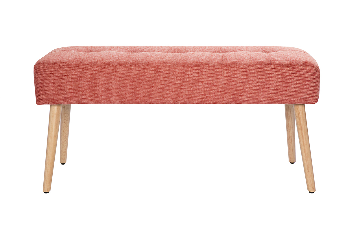 Banc scandinave capitonn� en tissu effet velours textur� terracotta et bois clair L96 cm GUESTA