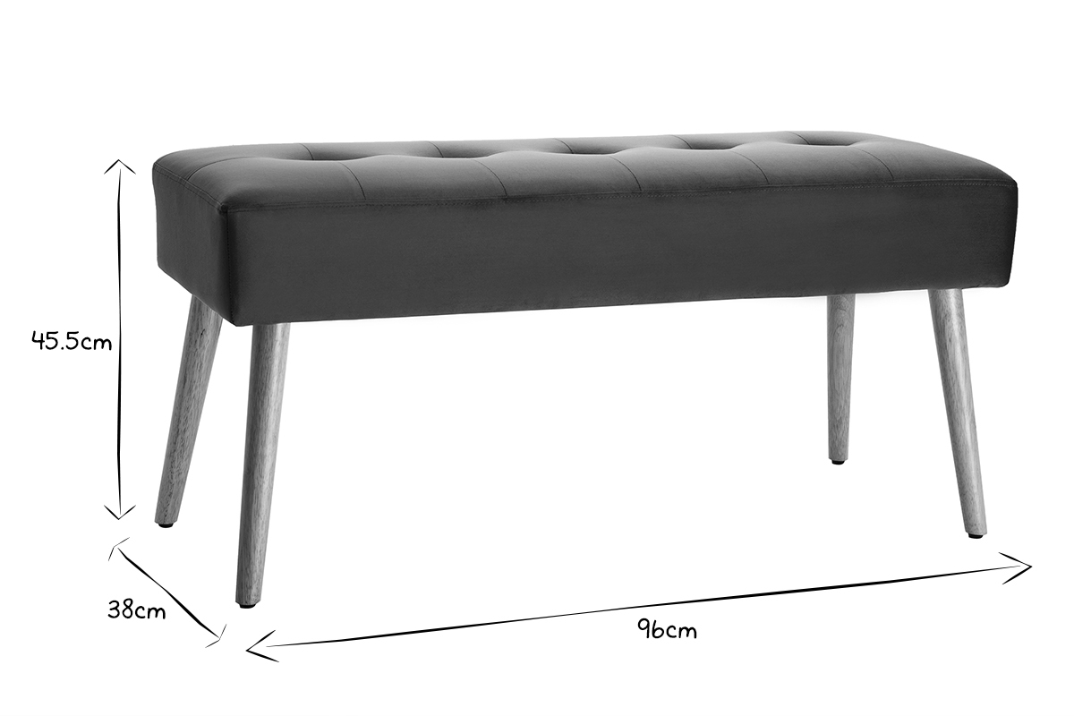 Banc scandinave capitonn� en tissu velours bleu p�trole et bois clair L96 cm GUESTA