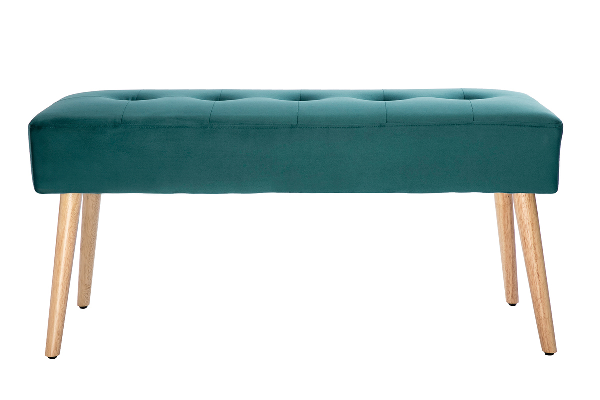 Banc scandinave capitonn� en tissu velours bleu p�trole et bois clair L96 cm GUESTA