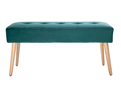 Banc scandinave capitonn&eacute; en tissu velours bleu p&eacute;trole et bois clair L96 cm GUESTA