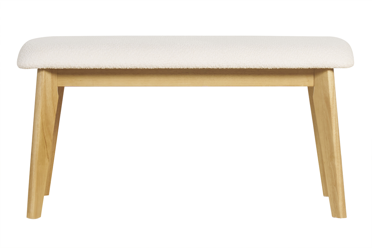Banc scandinave en tissu effet laine boucl�e blanc et bois clair L92 cm ELION