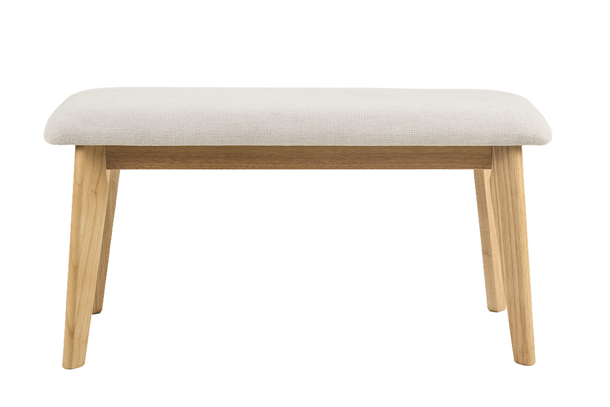 Banc scandinave beige en tissu et bois clair, vue de face.