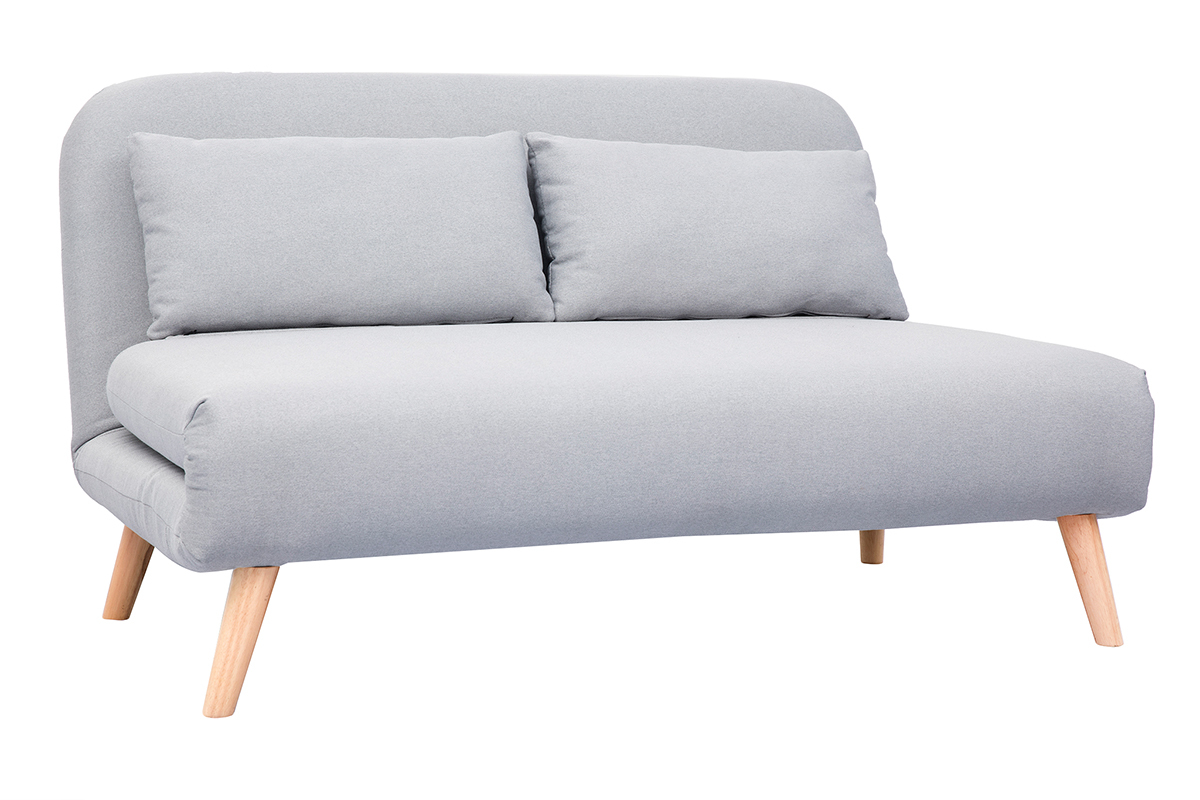 Banquette convertible 2 places en tissu gris clair avec coussins, vue de 3/4.