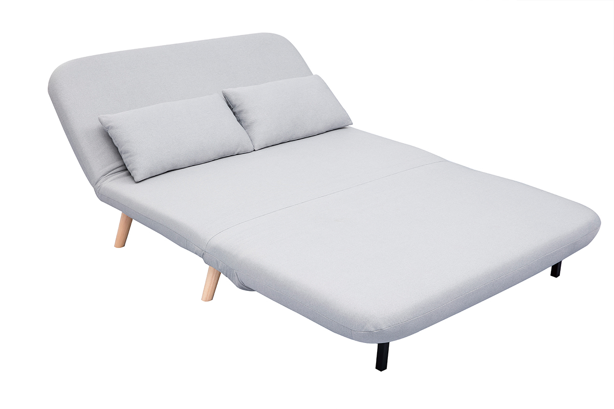 Banquette convertible 2 places en tissu gris clair avec coussins, vue de 3/4.