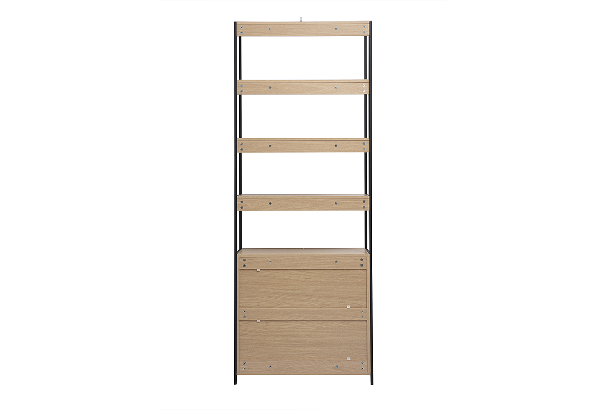 Biblioth�que en bois clair et m�tal noir, vue de dos, avec �tag�res ouvertes et espace de rangement.