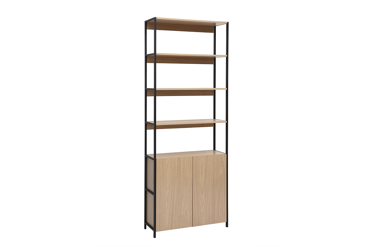 Biblioth�que en bois clair et m�tal noir avec �tag�res et portes, vue de 3/4.